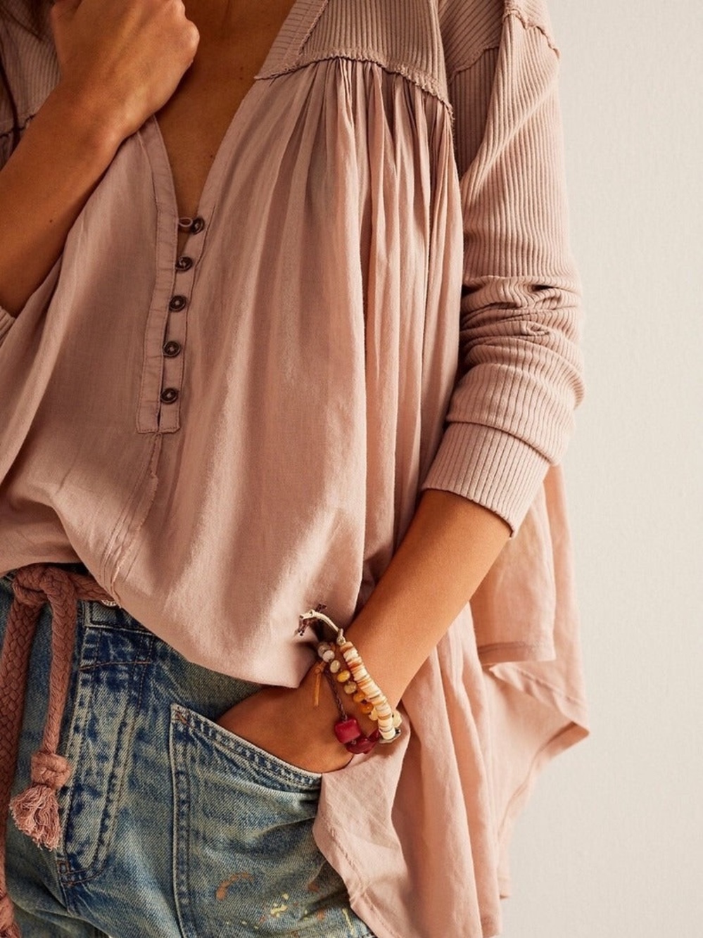 Free People We The Free Lyrical Tunic Top Dusty Rose Peasant Shirt